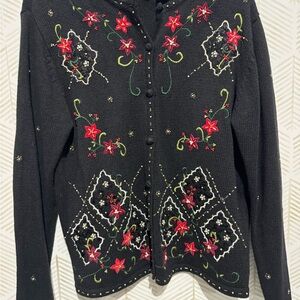 VTG 90s ERIKA BEADED‎ EMBROIDERED CHRISTMAS CARDIGAN SWEATER Size Medium